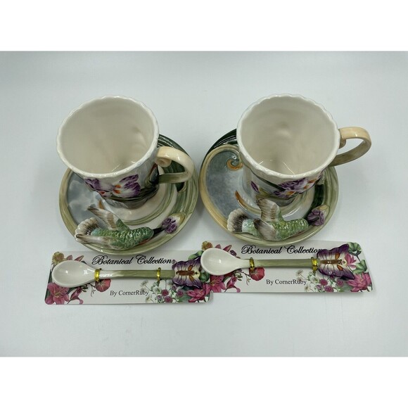 2-PC CORNER RUBY BOTANICAL COLLECTION COLIBRI TEA CUP  W BUTTERFLY SPOON SET N06 - Picture 2 of 10